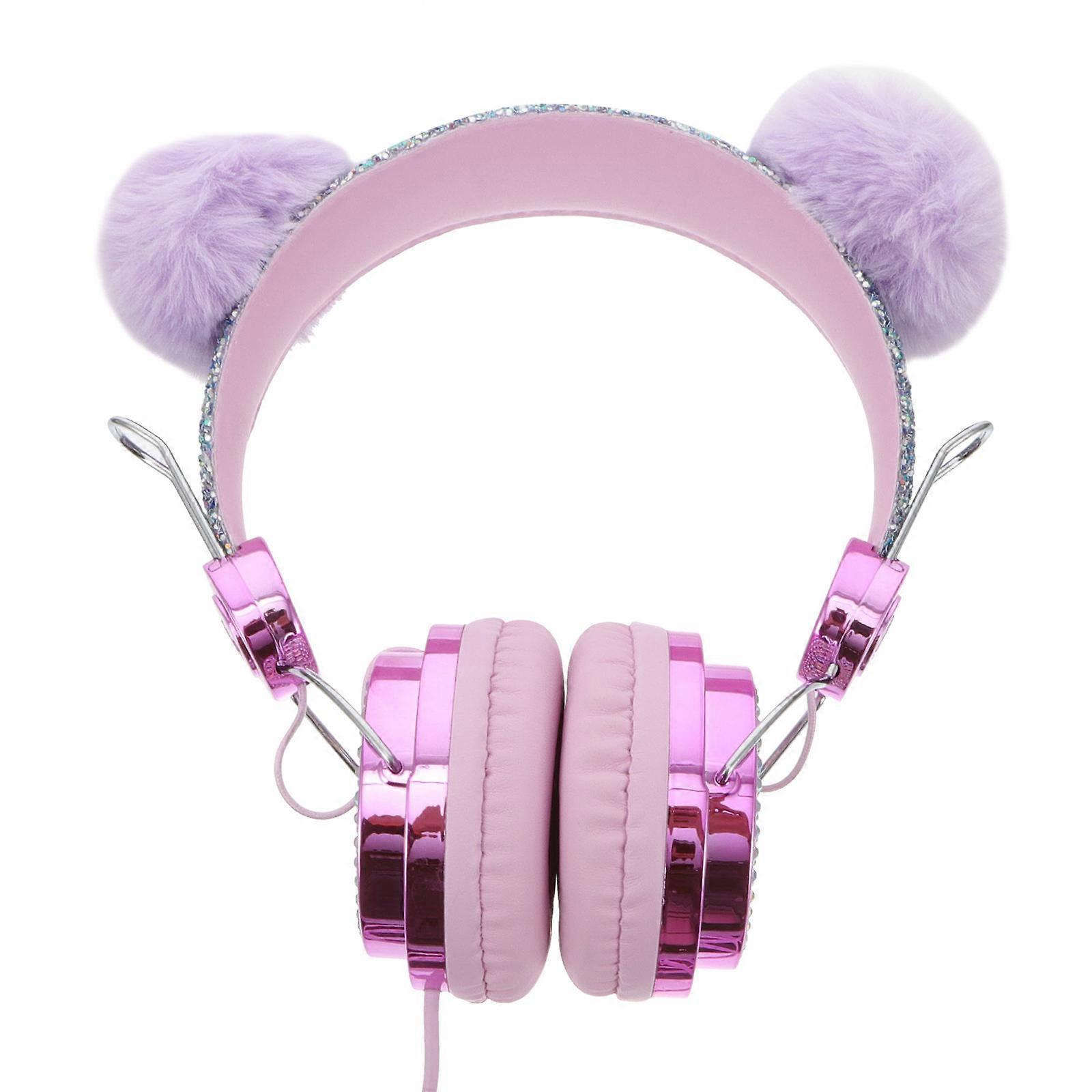 Violet Kids Over Ear Headphones with Cartoon Ball Ears for Music Listening, Shiny Rhinestone Details