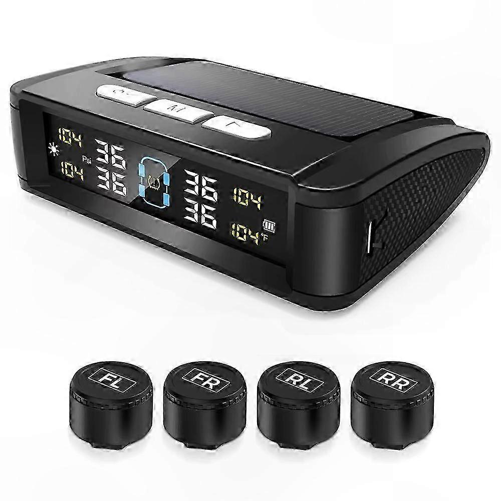 Solar & USB Dual Power TPMS with Real-Time Display and 4 External Sensors for Tire Pressure Monitoring