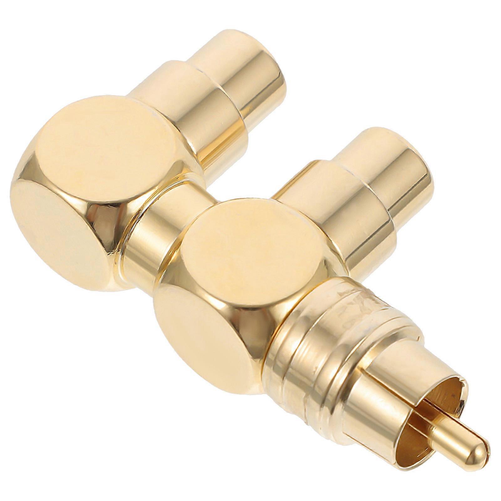 Copper Audio Plug Right Angle F-Shaped Male To 2 Female Adapter Golden .75x2.4cm Reliable Connection Signal Transmission 1Pack