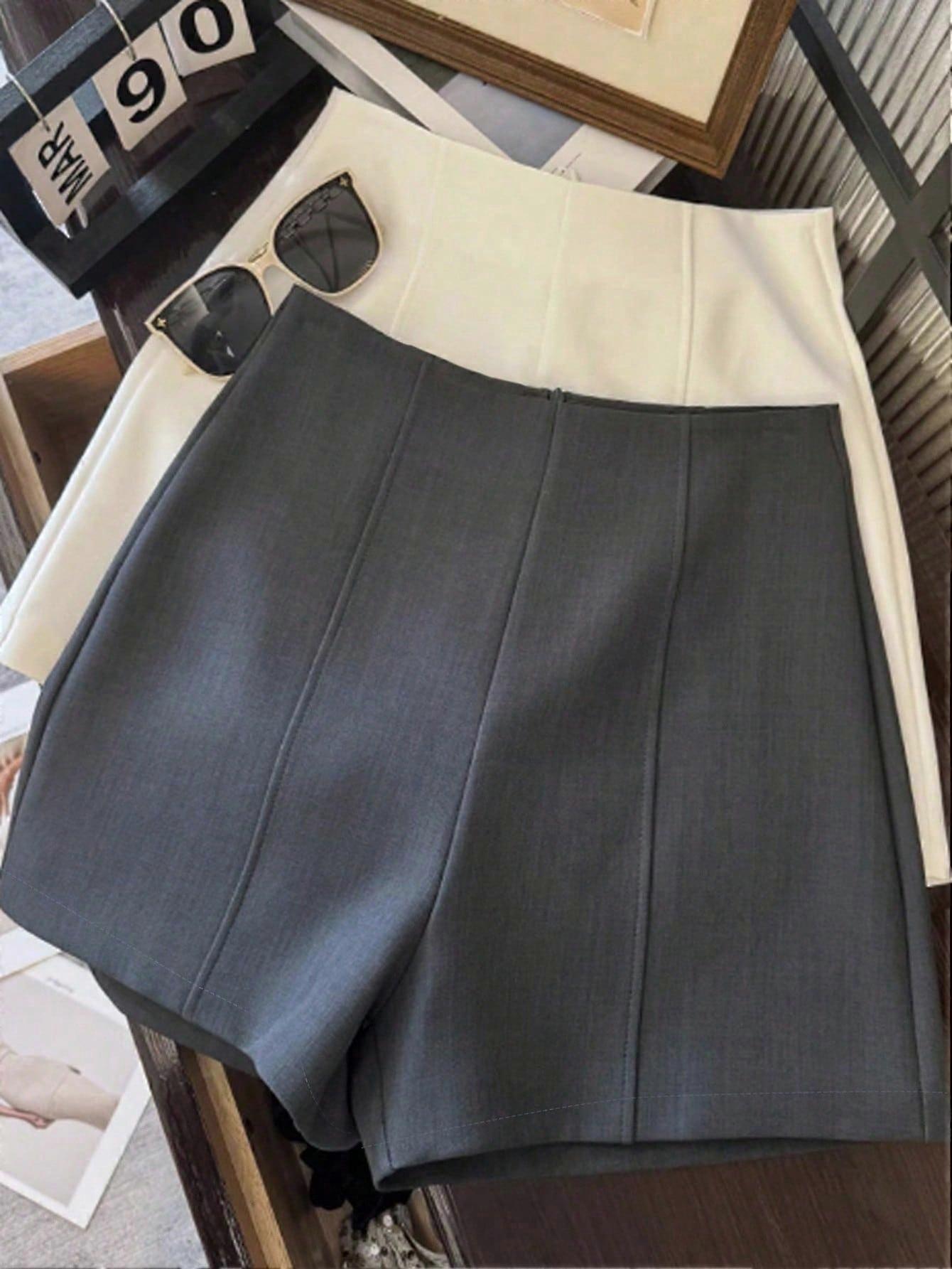 Fashionable Minimalist Dark Grey High Waist Women's Super Shorts, Zipper Back Closure, Suitable For Daily Commute, Dates And Romantic Occasions