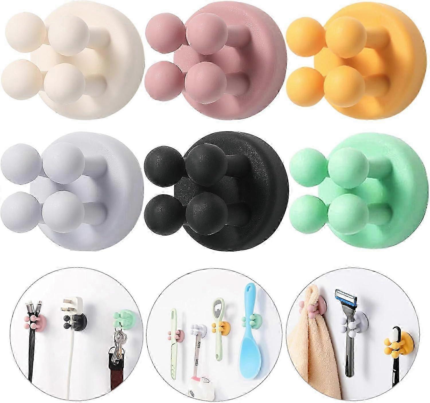 Bathroom Silicone Toothbrush Holder - 6 Pack Shower Razor Holder Self-Adhesive Wall Mount Multi-Function Cute Hooks Children Hanging Small Objects for