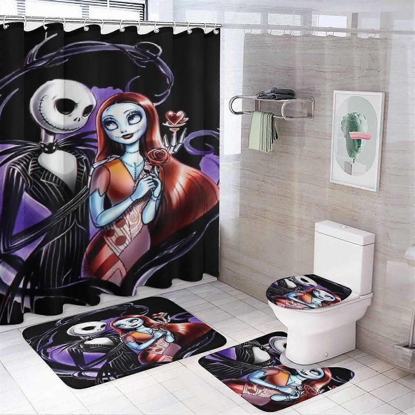 4 Pcs The Nightmare Before Christmas Bathroom Set compatible with 12 Hooks, Non-Slip Rugs, Shower Curtain 72x72"