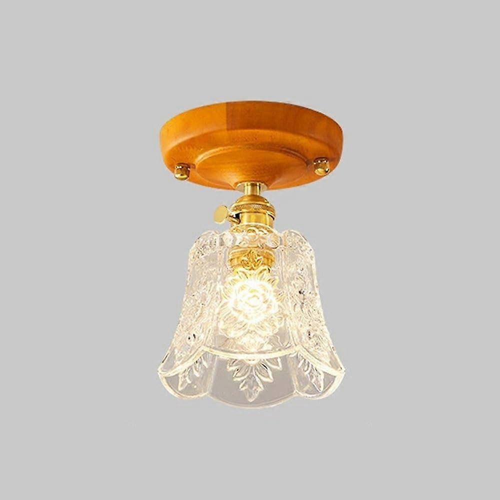 Vintage French Style Semi Flush Mount Ceiling Light 5.9Inch Solid Wood Base Embossed Glass Shade E26/E27