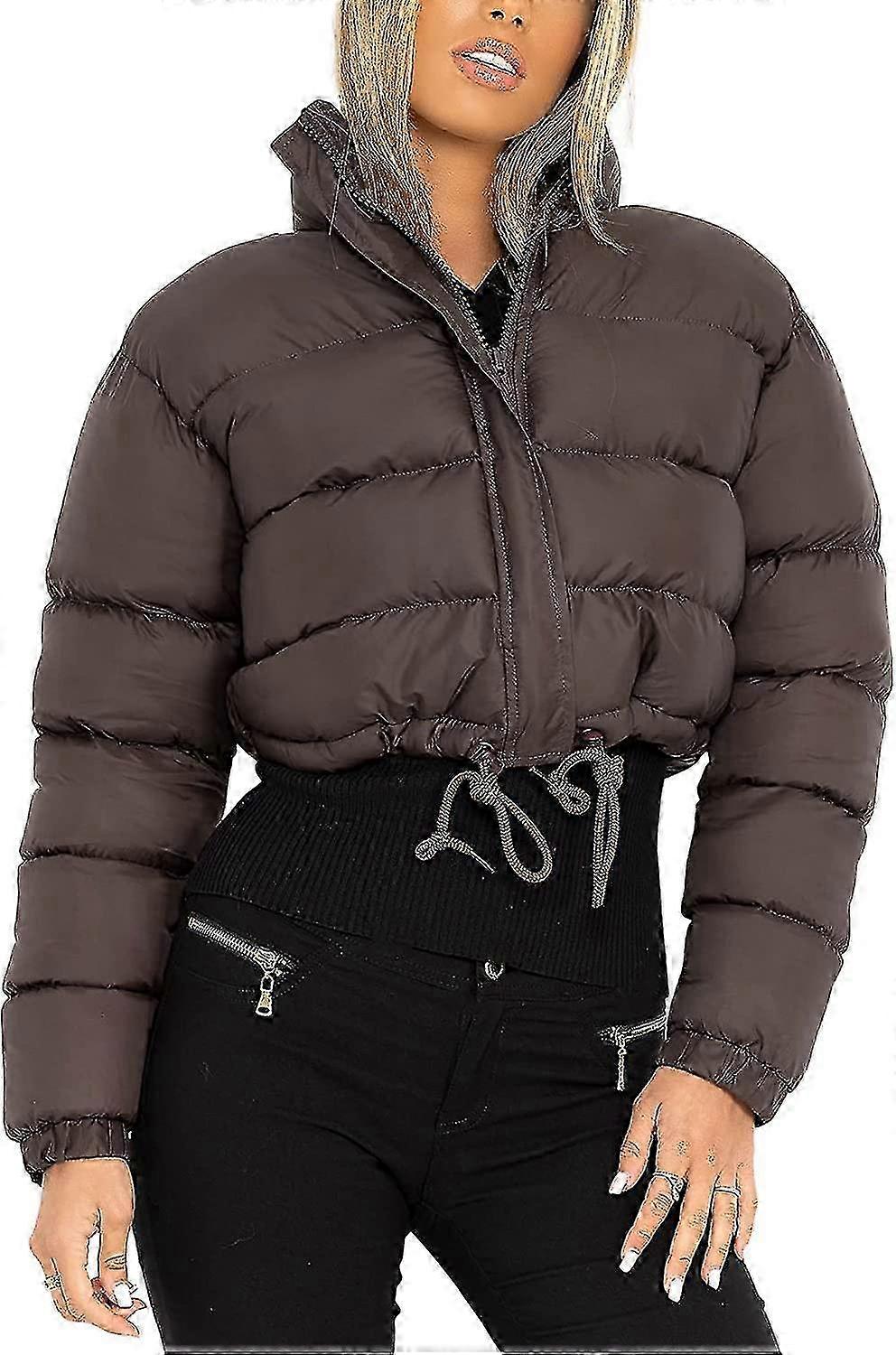 Cropped Puffer Jacket for Women with Zip Up and Drawstring Waist