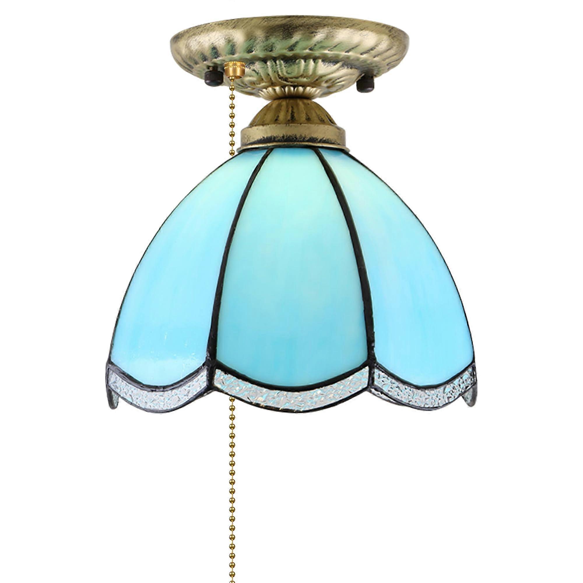 Stained Glass RV Ceiling Light 12V Blue Semi Flush Mount Fixture with Builtin Zipper Switch