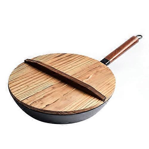 Wok Pan with Lid Nonstick Cast Iron Even Heat Distribution Detachable Wooden Handle 32cm