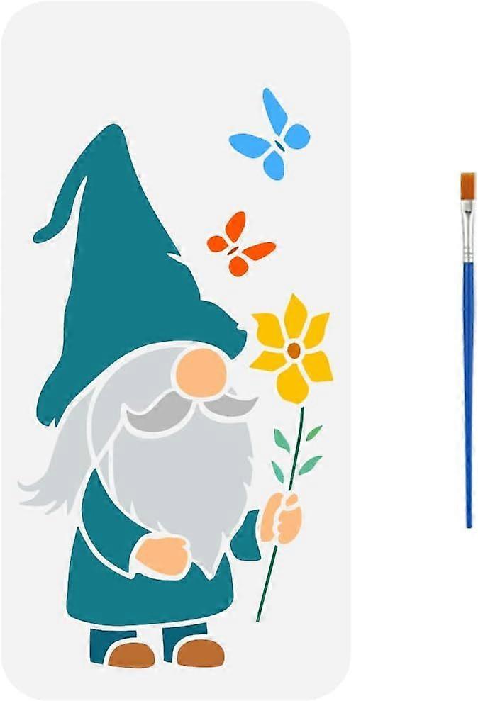 Spring Gnome Stencil with Paint Brush 5.9x11.8inch Plastic PET Elves Dwarfs Template Flower Butterfly Painting Stencil Gnome Pattern Template Spring T
