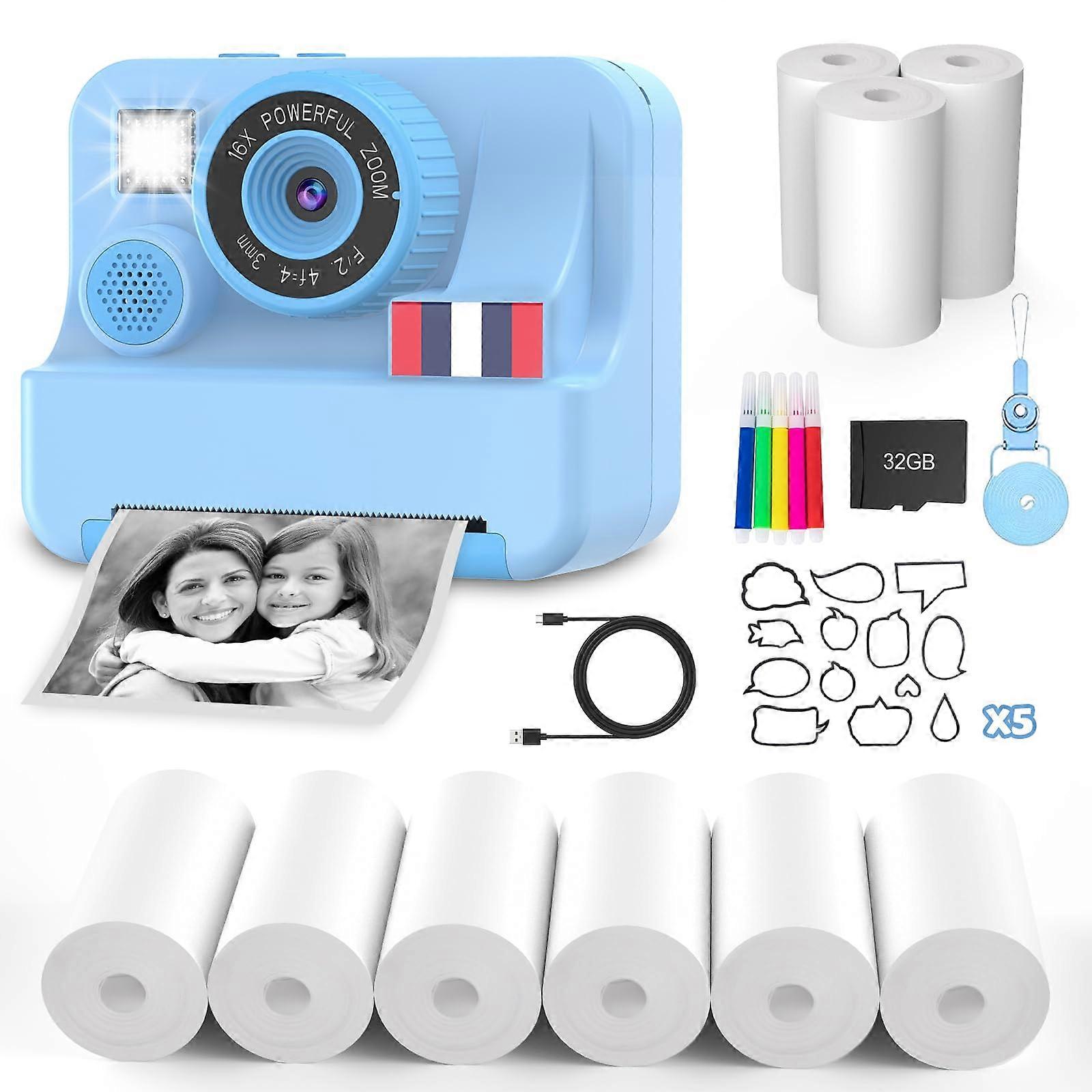 Kids Instant Print Digital Camera with 32GB SD Card, Comic Mode, 6 Rolls Photo Paper