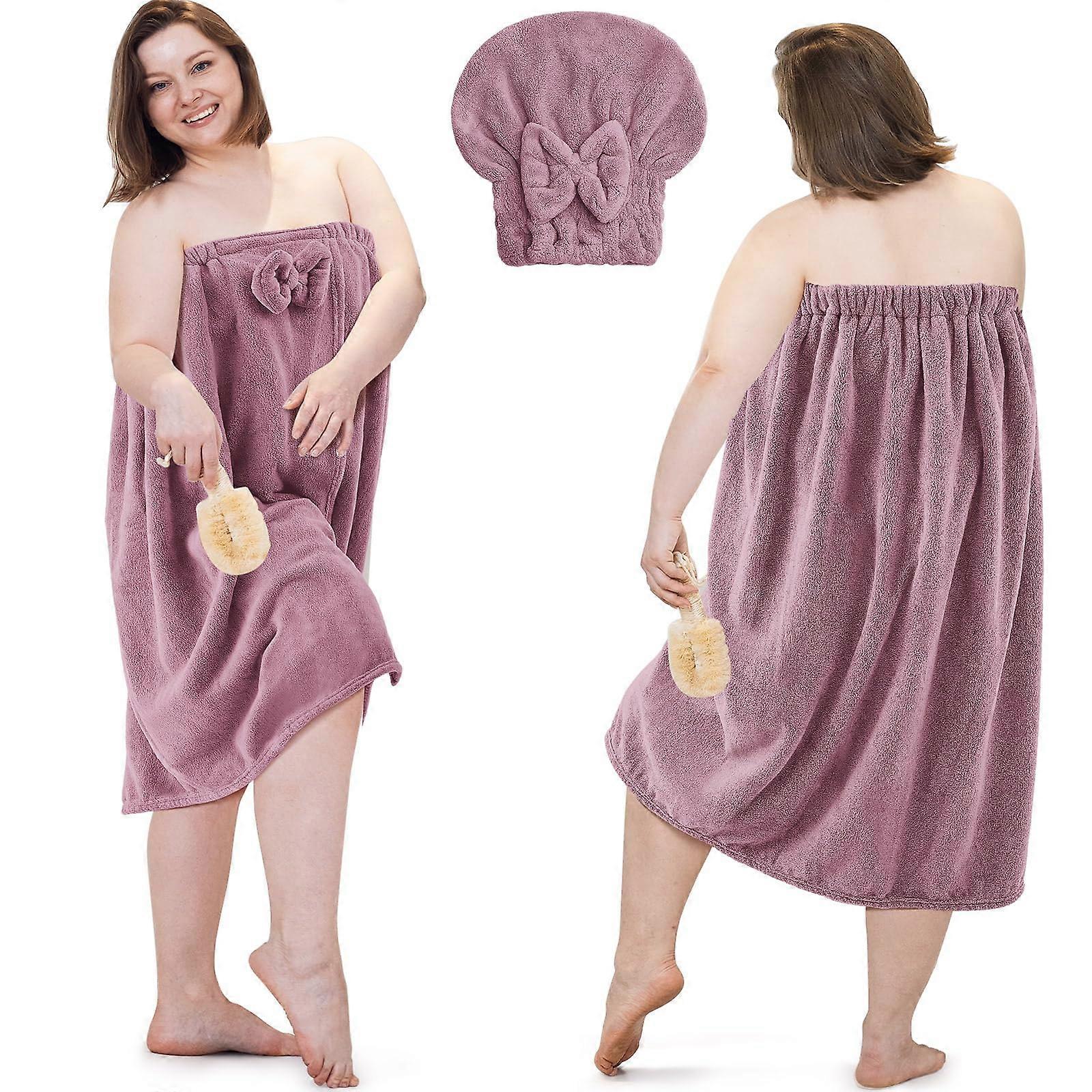 Plus Size Women's Towel Wrap Set with Hair Towel, Soft Coral Fleece, Adjustable Fit, Purple