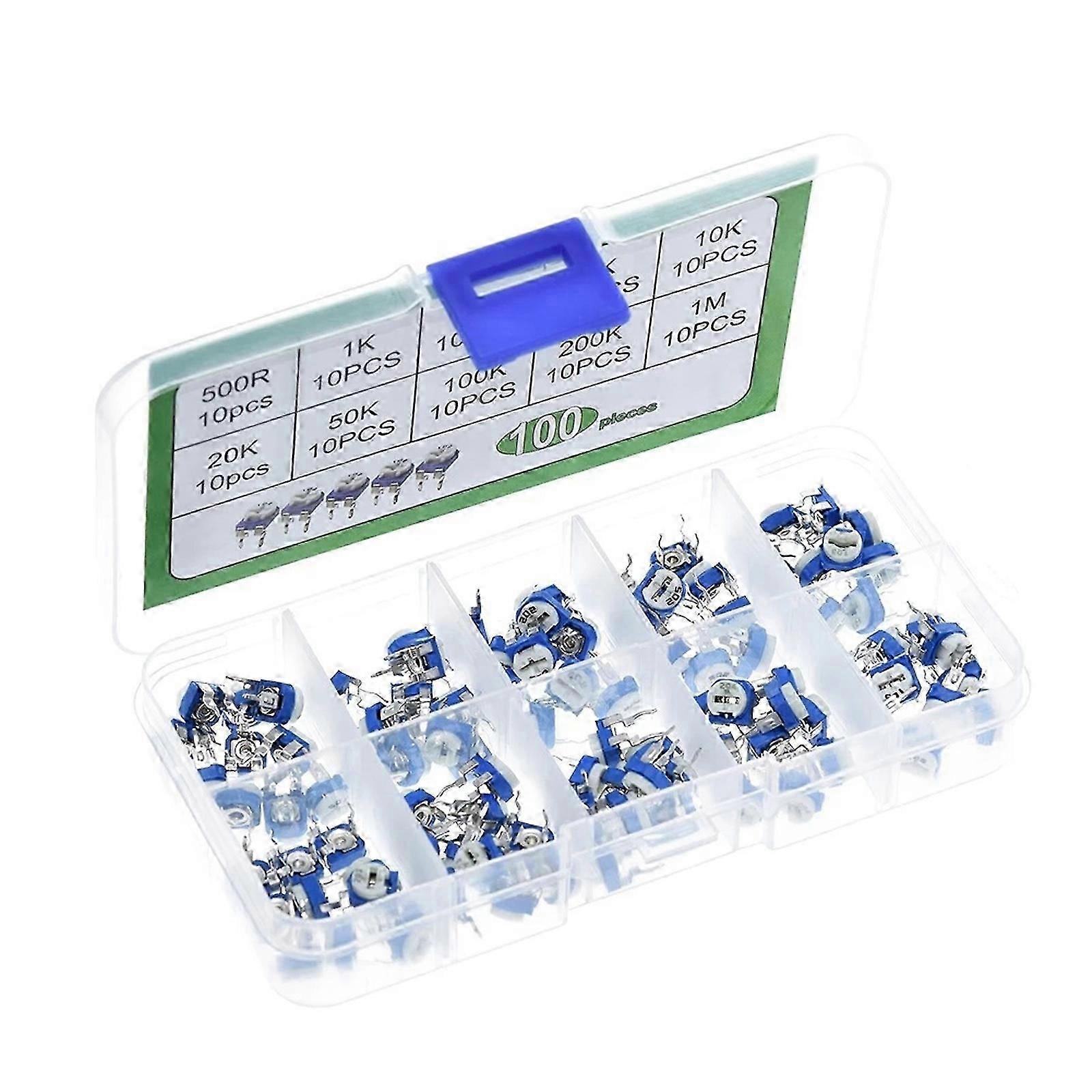 100pcs  Potentiometer Trimpot Variable Resistorsortment Box Kit 10 Value  A-F Edition 1212