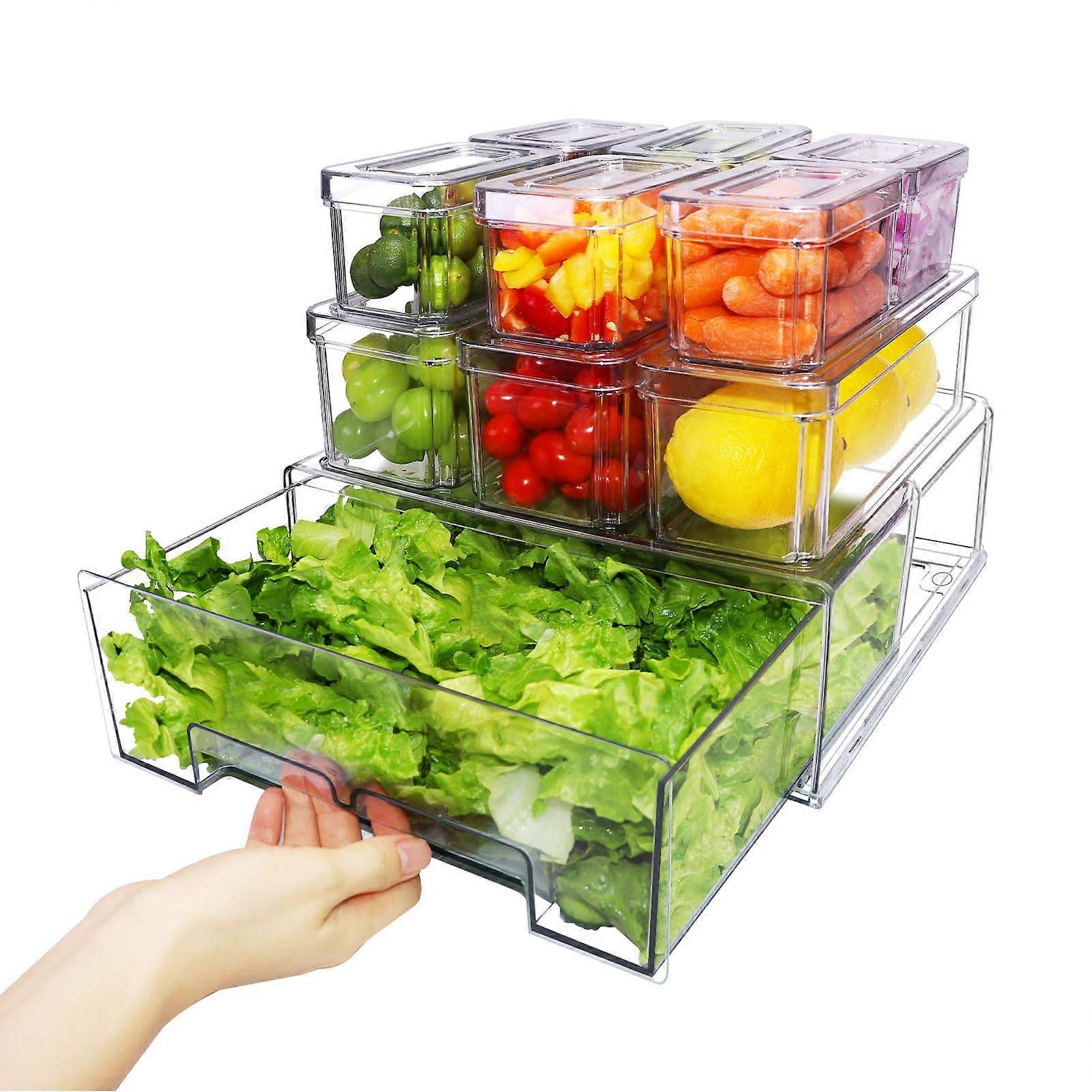 10 Pack Fridge Organizer Bins with PullOut Drawer, Clear BPA Stackable Refrigerator Storage Containers for Fruits and Vegetables