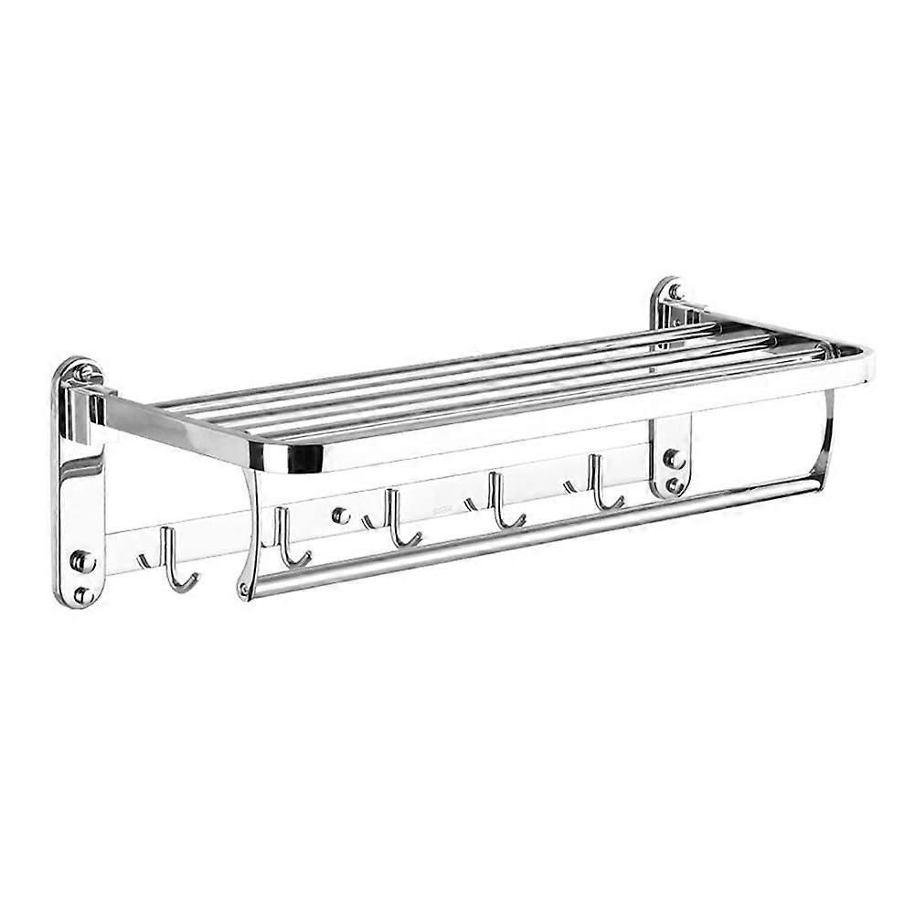 Chrome Wall Mounted Bathroom Towel Rack with Hooks, Foldable 40cm SpaceSaving Rail