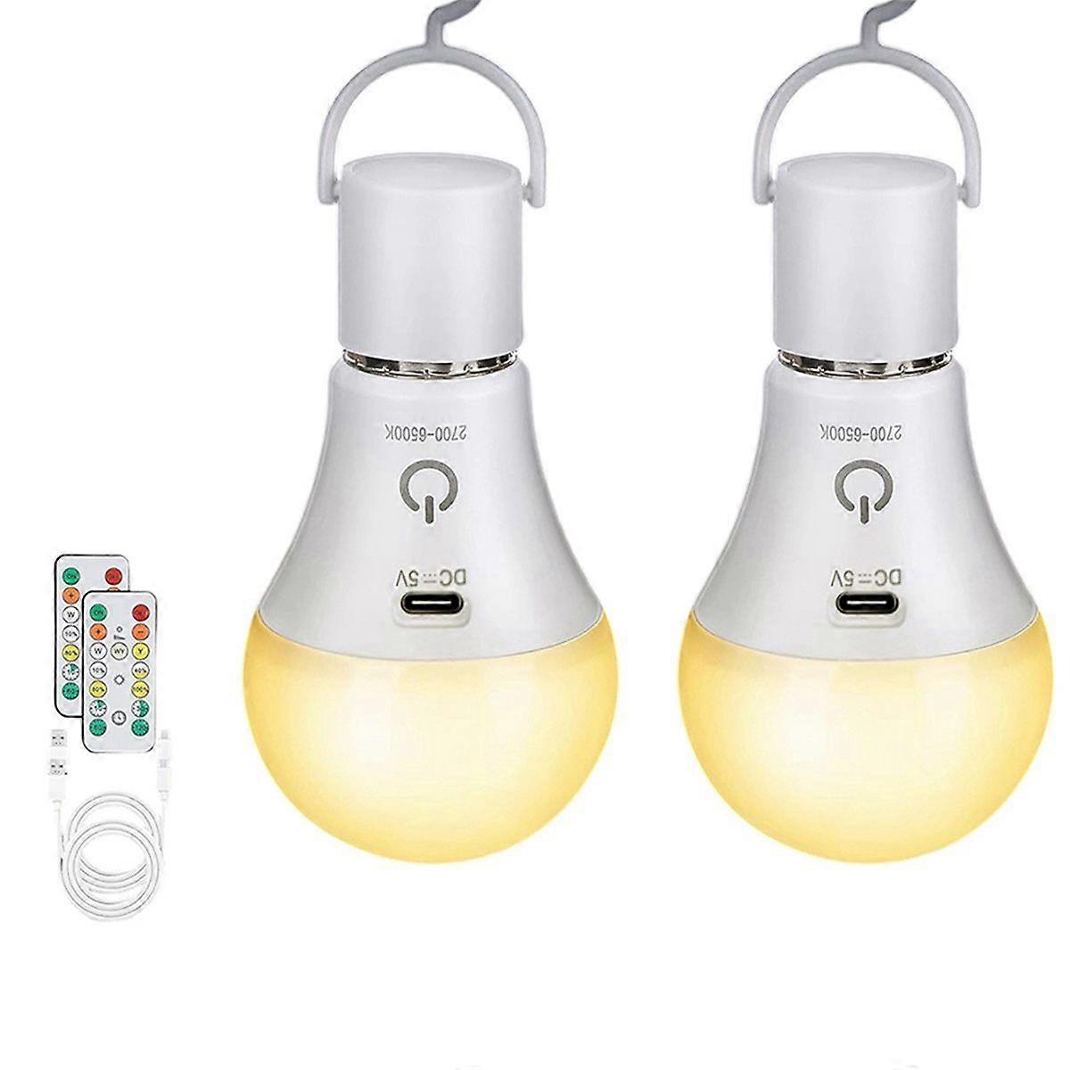 2pcs Rechargeable Emergency Light Bulbs with Remote,3 Colors, Dimmable, Timer, E26 Base