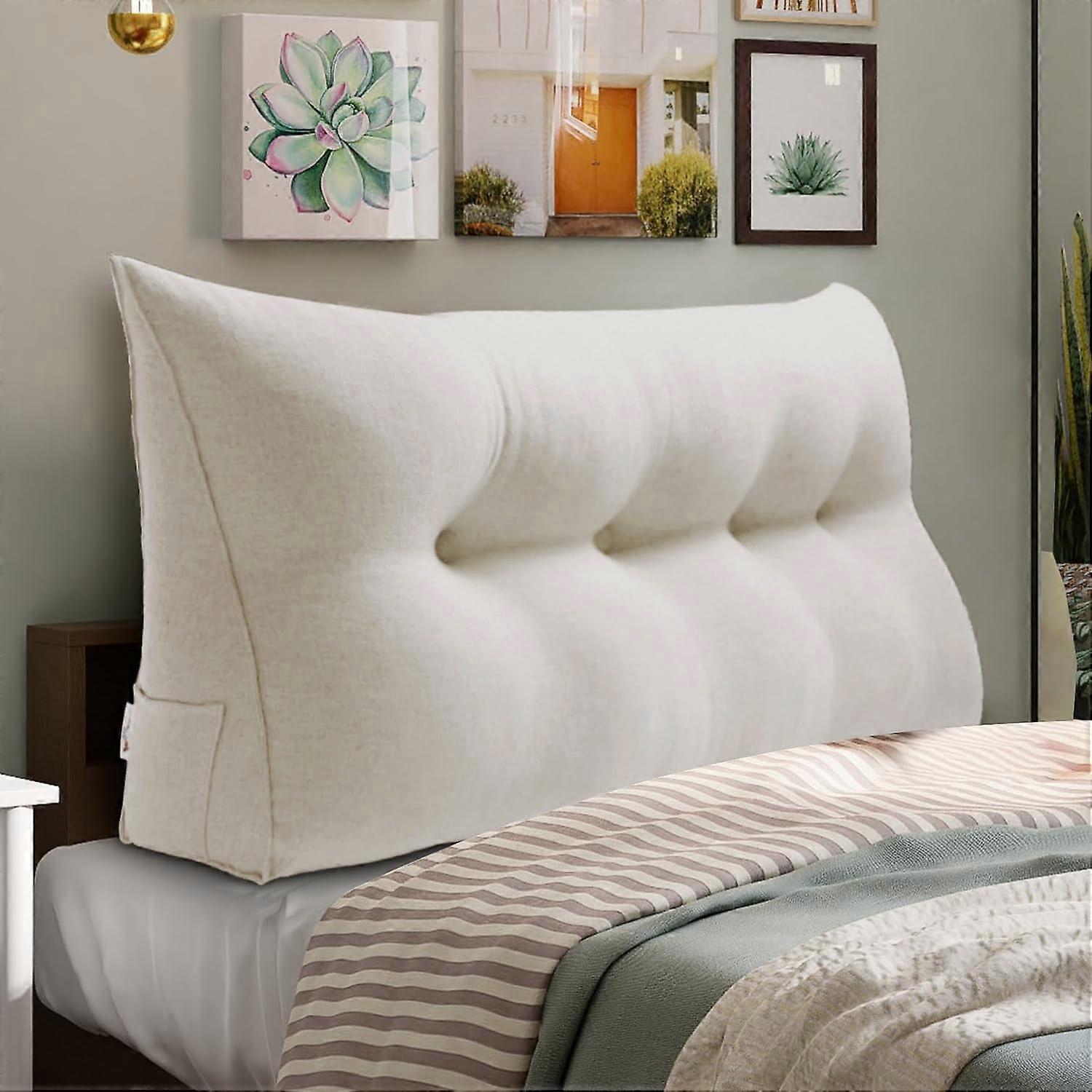 Full Size Triangular Headboard Pillow Bed Wedge Support with Removable Linen Cotton Cover White