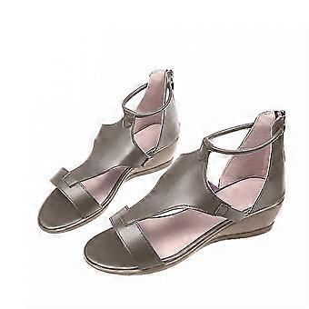 UTTOASFAY Damen-Keilsandalen mit Reißverschluss, runder Zehenpartie, Sommer-Sandalen in großen Größen, Grau, Größe 39