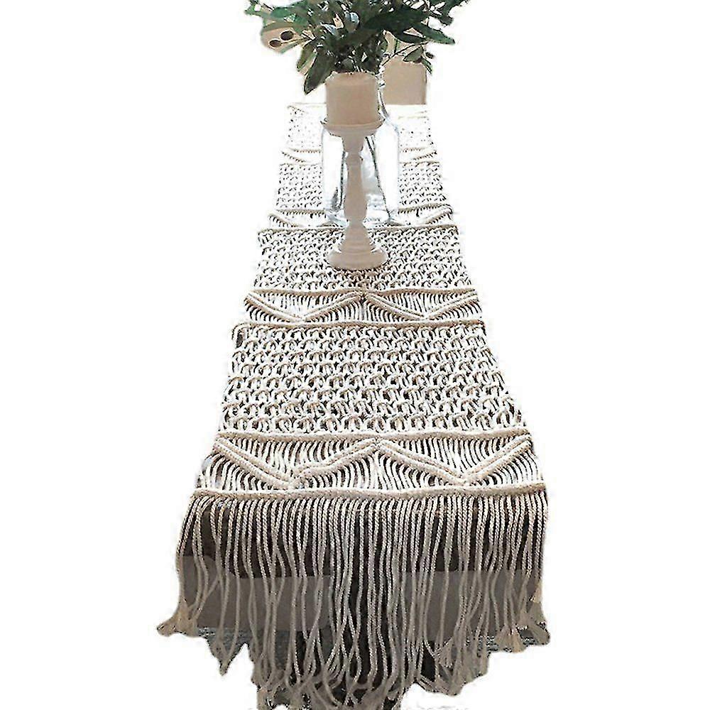 Macrame Table Runner, Handwoven Natural Cotton Rope, Beige Boho Hollow-Striped Design, Tassel Knots, 35x200cm, for Dining, Wedding, Home