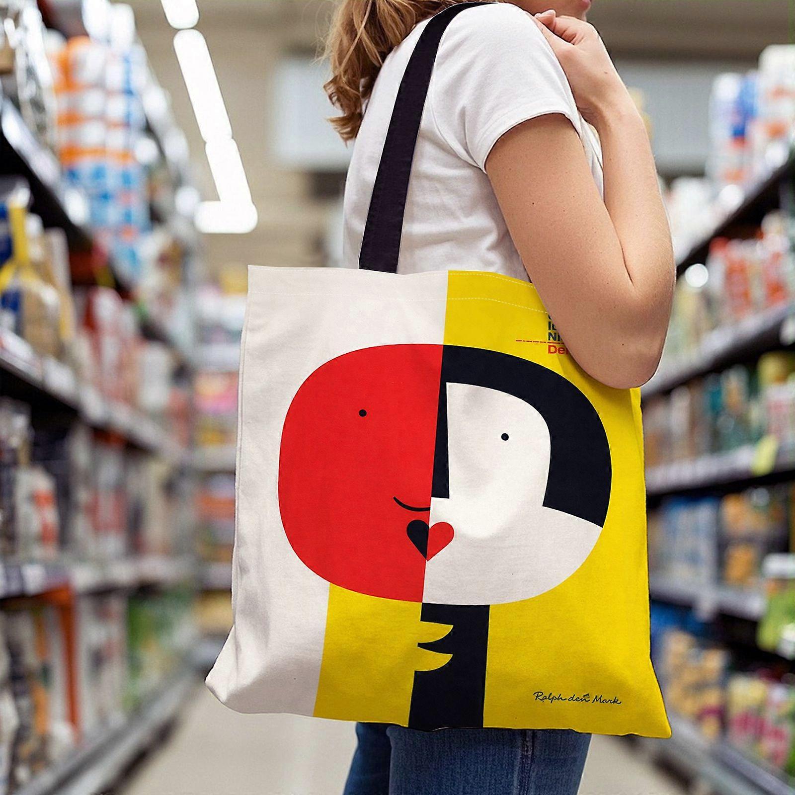 Sac fourre-tout grande capacité (1 pièce) à motif abstrait rouge et jaune, formes géométriques, léger et résistant, double anse - Rpolk