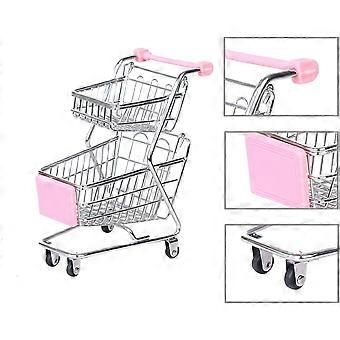 Mini-Einkaufswagen, Mini-Supermarkt-Einkaufswagen, Metall-Doppelschicht-Trolley-Spielzeug, Desktop-Speicher-Einkaufswagen-Modelldekoration (rosa Spielzeug Einkaufen)