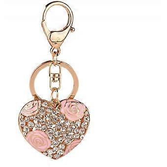 Schlüsselanhänger Süße Liebe Herz Rose Blume Kristall Schlüsselanhänger, Damentasche Accessoires herzförmiger Metallanhänger (rosa)