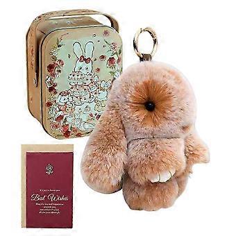 Portachiavi Bunnylulu con scatola di latta e biglietto regalo, pompon in morbida pelliccia sintetica, simpatico design a forma di coniglietto dalle orecchie pendenti per donne e ragazze