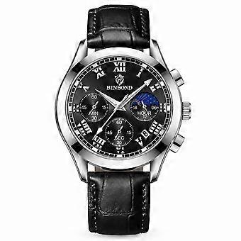 Men's Chronograph Watch BINBOND Black Leather Strap Silver Steel Case Black Dial Waterproof Luminous Multifunction JY
