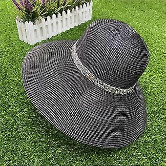 Europæiske og amerikanske hatte dame sommerhatte med rhinsten, hule, åndbare stråhatte, strandsolhat med stor skygge, rejsesolhatte