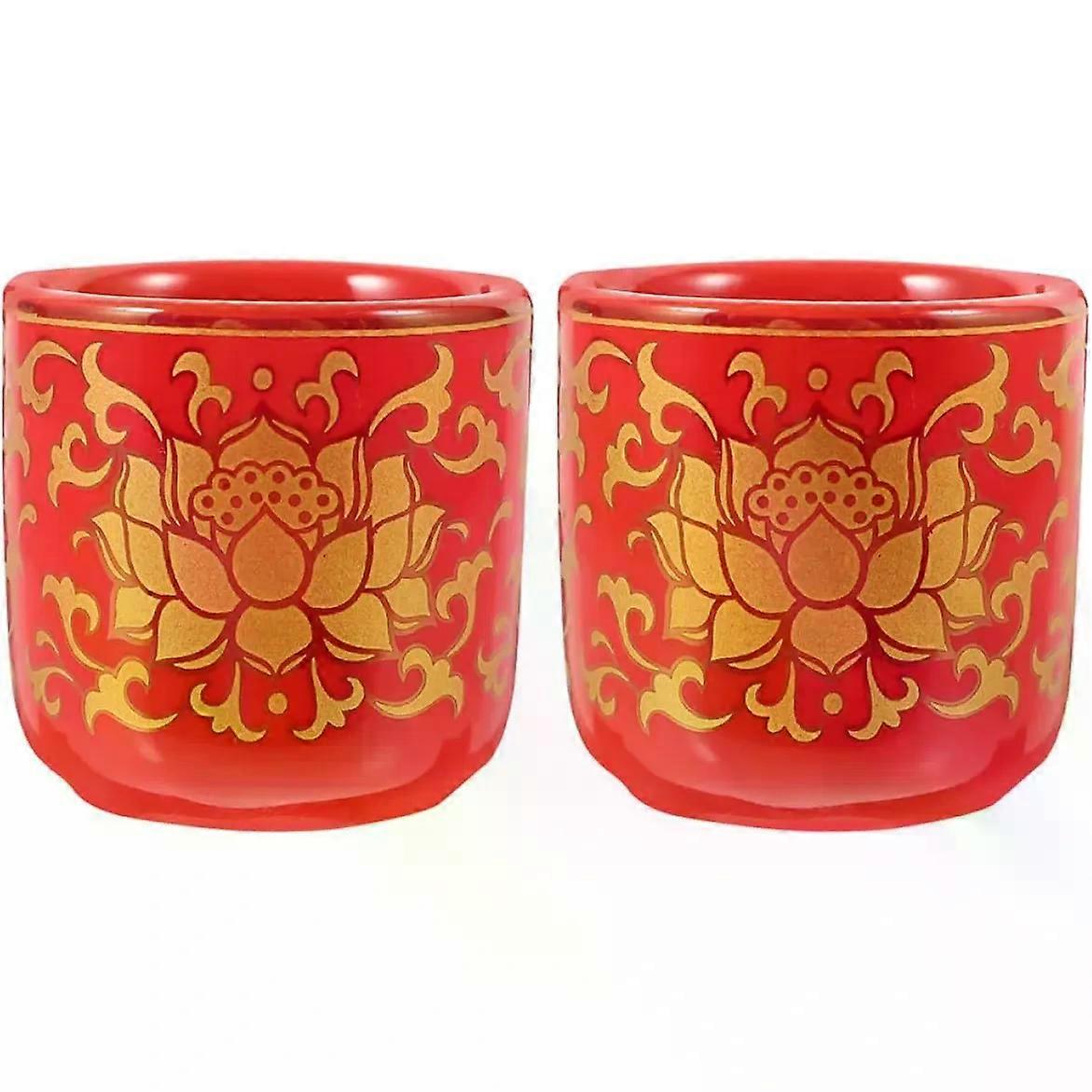 2Pcs Ceramic Buddhist Water Offering Cups, Red Round Temple Set