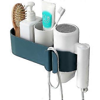 Blue Wall Mounted Hair Dryer Holder & Storage Box, Non-Perforated Design, Waterproof with Strong Grip