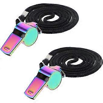 2 Pcs Whistles with Lanyard, 120 dB Loud Whistles with Iridescent Finish, Double Guard Whistles with Cover for Sports Coaching and Emergency Signaling