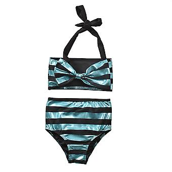 Veeki Infant Baby Girl Bikini Set Shiny Stripes Swimsuit Kids Halter Tops High Waist Shorts Bathing Suit Beachwear, 12-18 Months, Blue