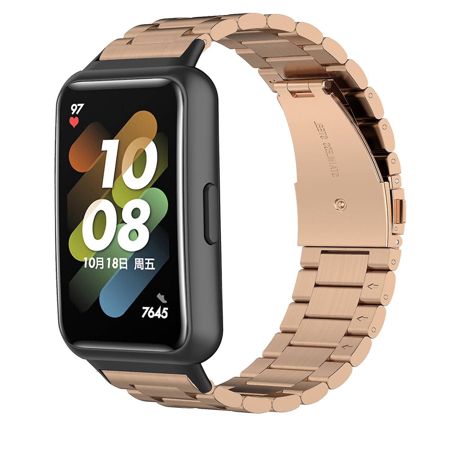 For Huawei Band 7 Smart Watch Band Three Beads Replacement Strap with Folding Buckle Gold