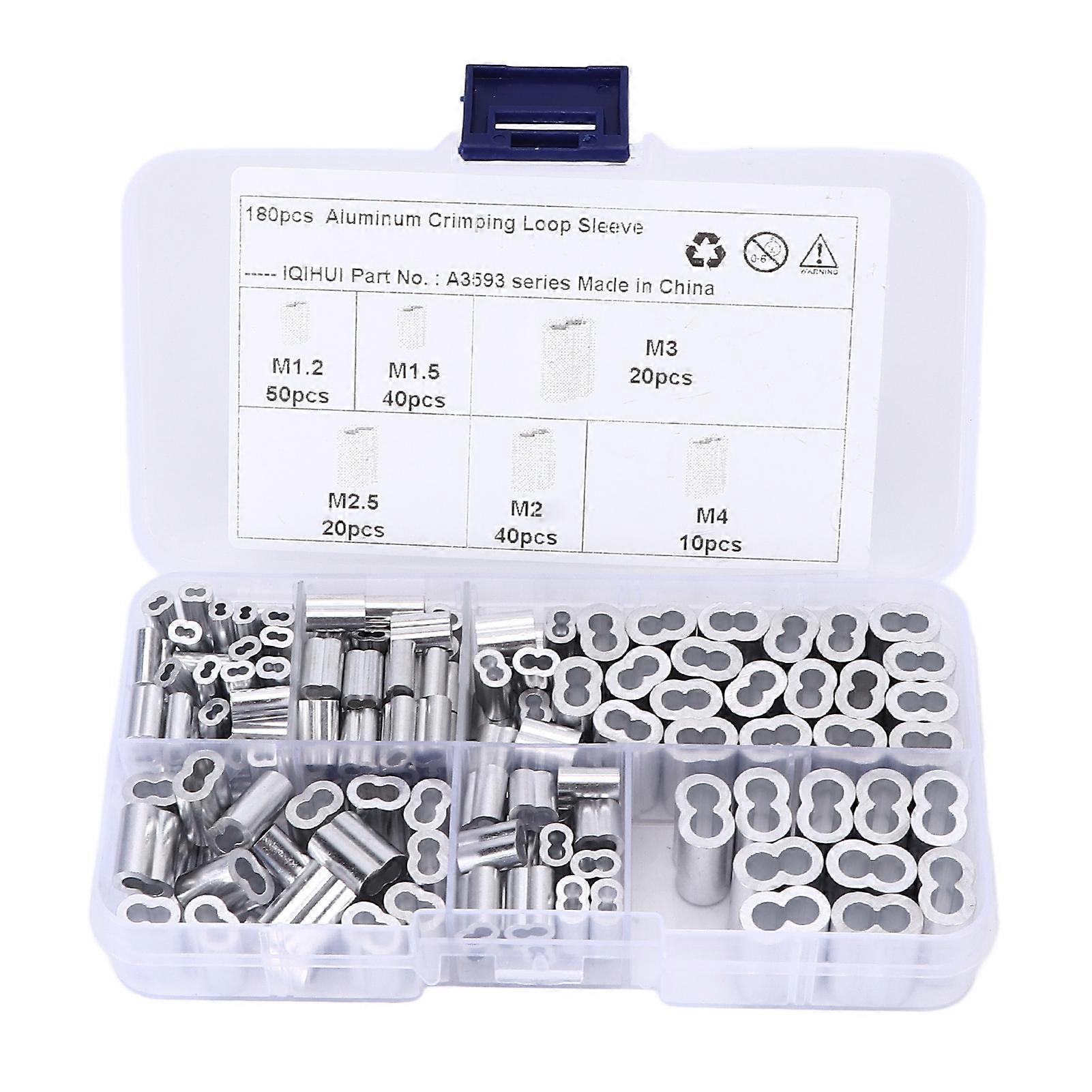 180pcs Crimping Loop Sleeve Kit 6?Size Aluminum Double Barrel Ferrule Universal for Wire Rope Cable Line End