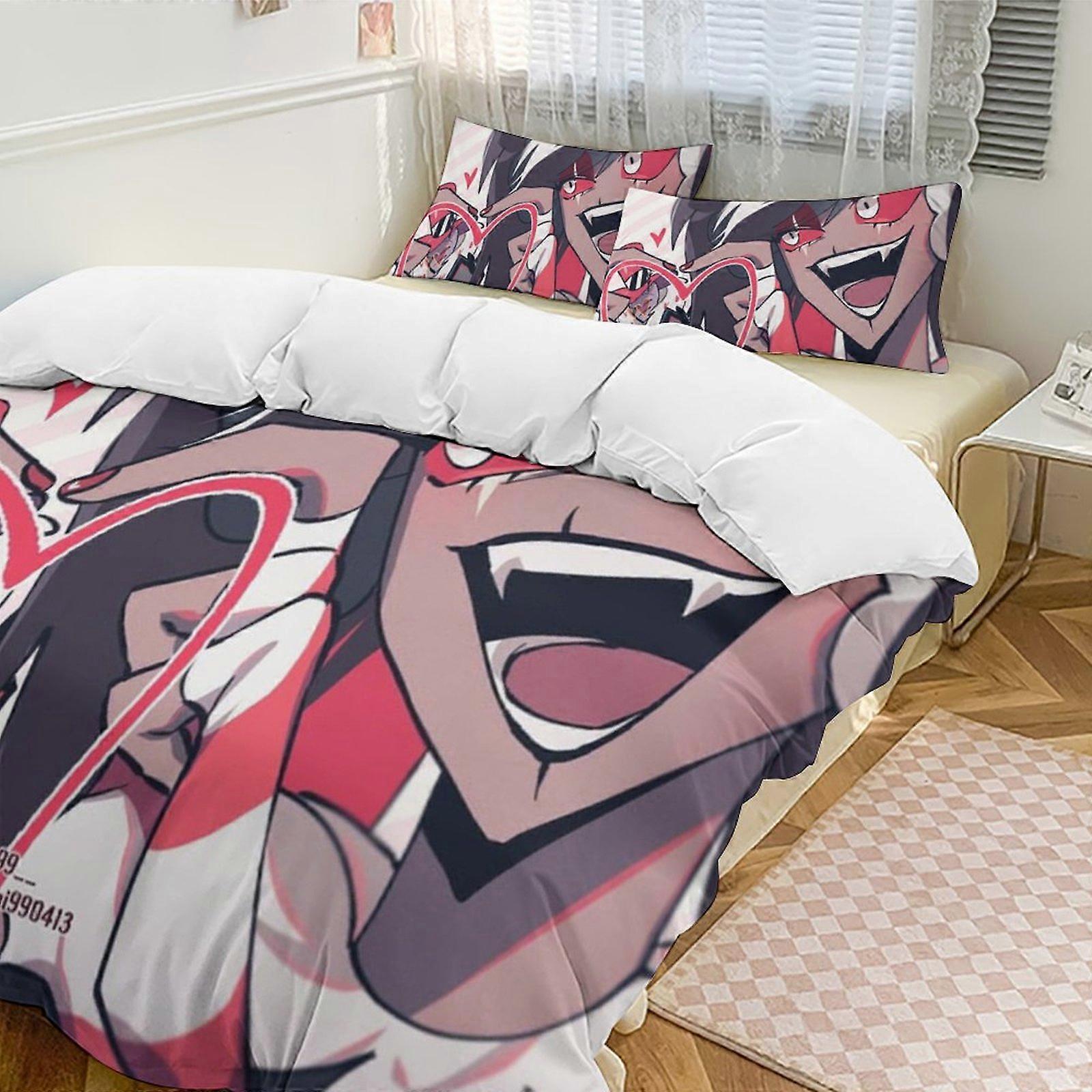 v384 Hazbin Hotel 2 Cama Capa de Edredom Microfibra Conjuntos de Cama Leve 3 Peças Conjuntos de Edredom, 1 Capa de Edredom e 2 Fronhas para Crianças aa384