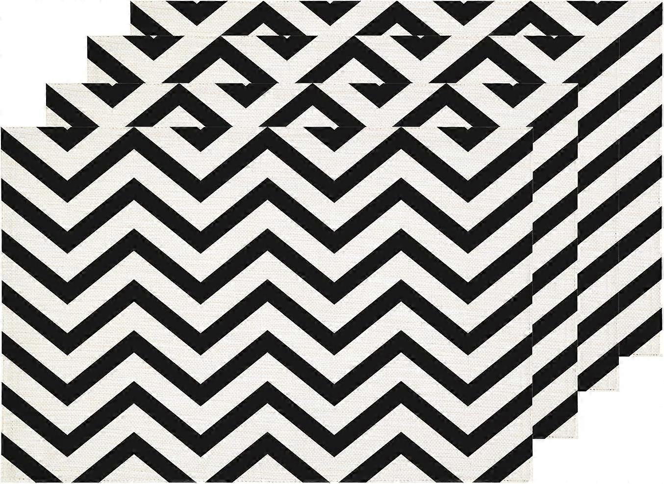 Black and White Modern Zigzag Placemats, Table Mat Linen Burlap Washable Double-Deck Heat Insulation for Dining Table Kitchen Table Set of 4 (12 x 18