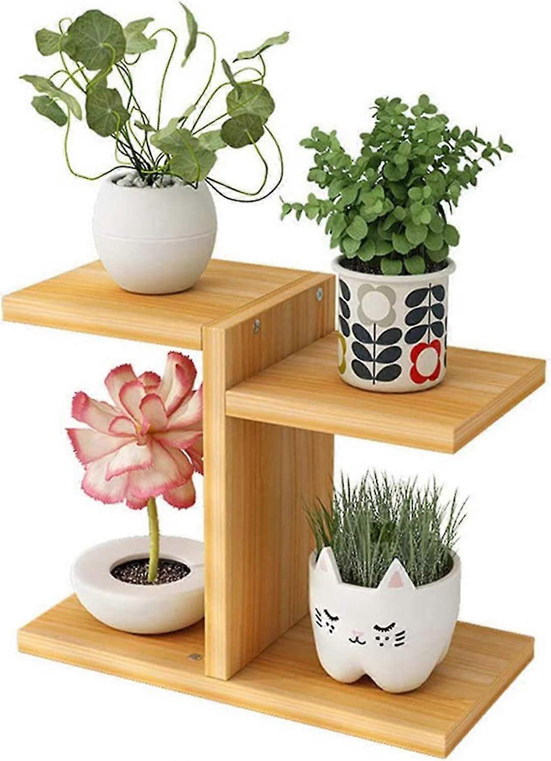 حامل نبات سطح المكتب ، رف نبات الأواني النضرة ، رف زهور خشبي لسطح المكتب 3 طبقات ، للشرفة وغرفة النوم (اللون: خشبي
