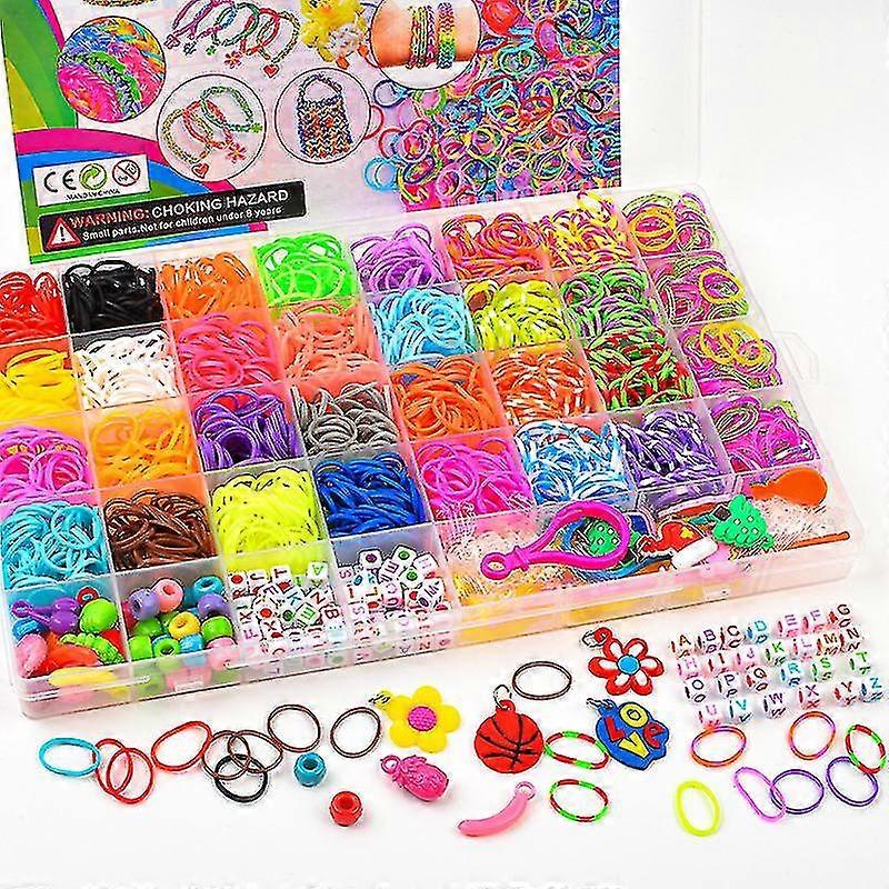 Rainbow Rubber Band Knitter 1400+ Loom Bands Starter Kit, 32 Unique Colorful Rubber Loom Bands Refill Set With Other Accessories And Durable Storage B