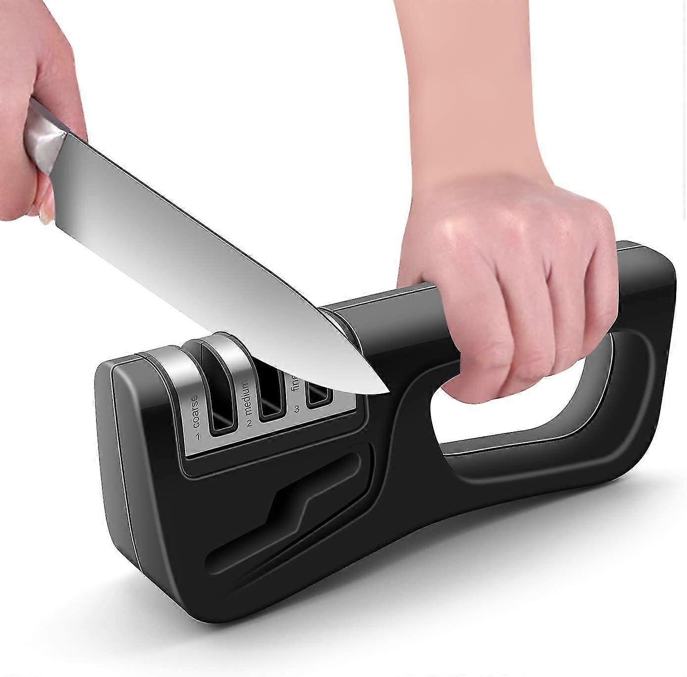 Manual Kitchen Knife Sharpener 3 Stage, Professional 4 In 1 Knife Sharpening With Scissors Sharpening Slot, Black