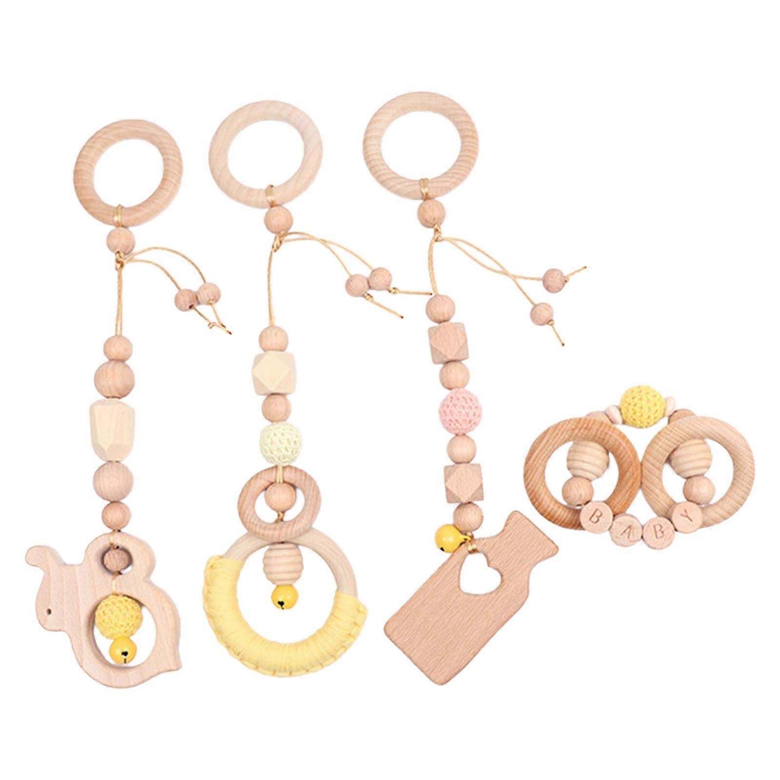 4 PCのベビージムフレームペンダント木製リングビーズティーザーベビーカーガラガラ乳児新生児授乳臼歯歯のおもちゃ