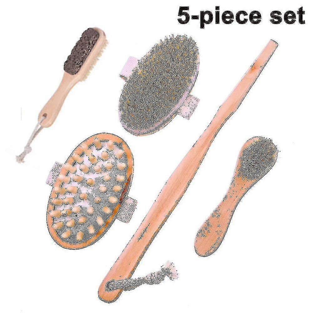 Dry Brushing Body Brush Set Lymphatic Drainage And Skin Exfoliating - Natural Bristle Spa Kit - Long Handle Back Scrubber, Massager And Face Exfoliato