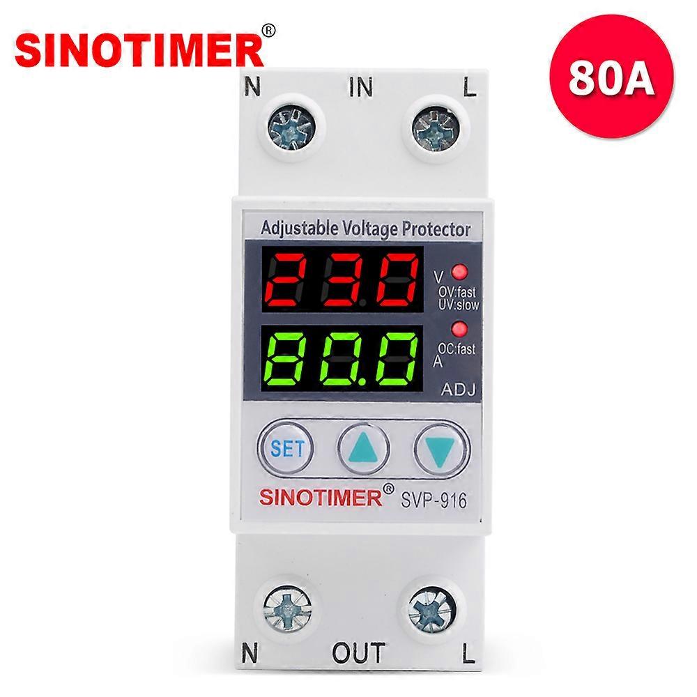 Heavy Duty 80A 230VAC Home Usage Dual Display Adjustable Over Under Voltage Surge Protector Relay with Over Current Protection