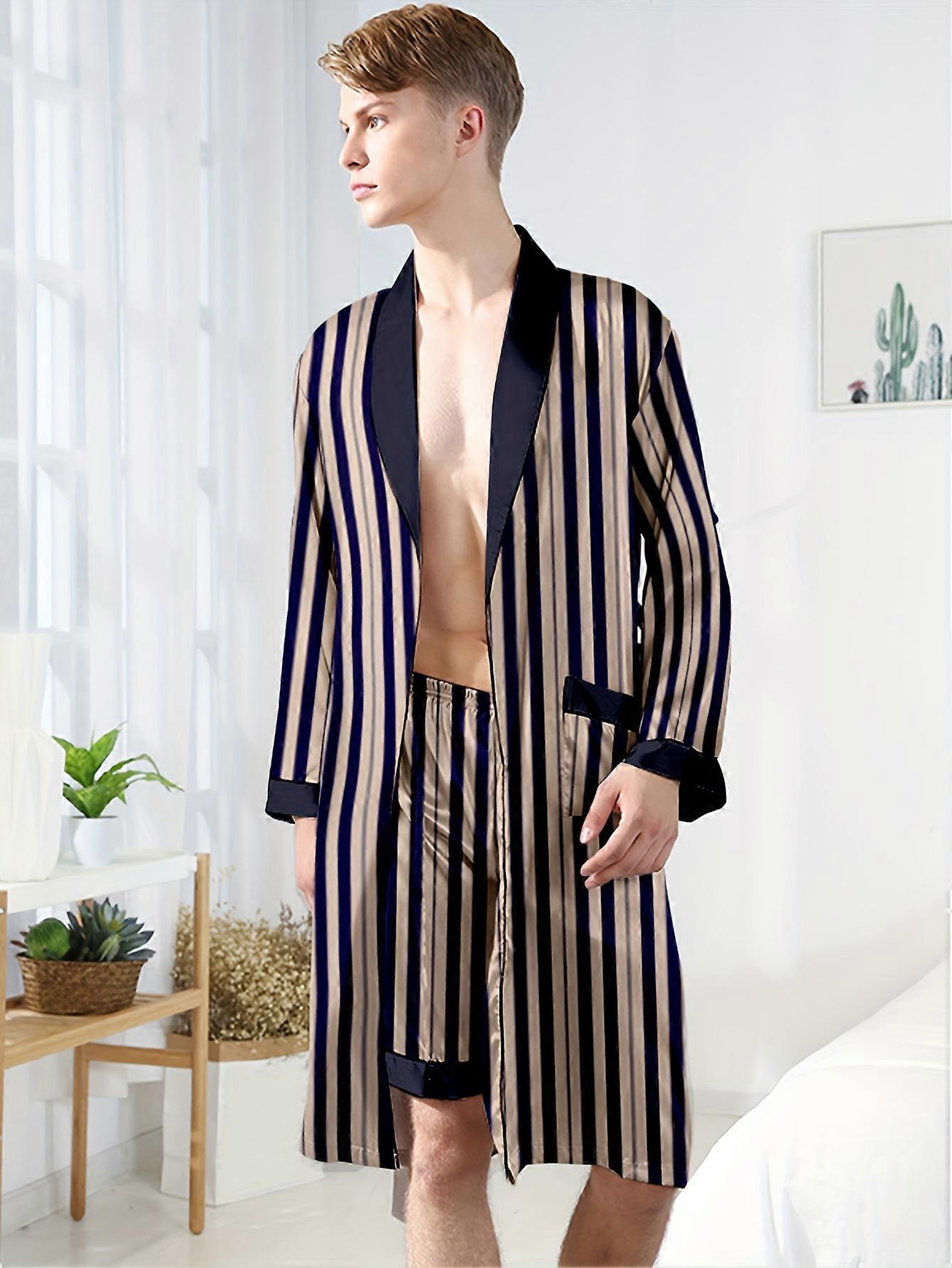 New style Men's Trendy Pajamas Striped Robe, Long Sleeve Color Block Casual Comfy Breathable Nightgown Lounge Wear ( Pants Not Included )