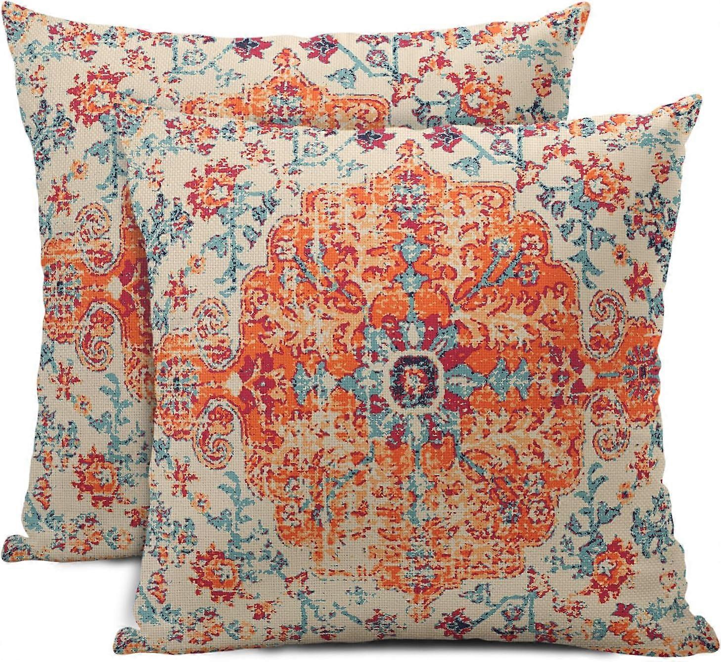 自由奔放に生きる民族枕カバー16x16インチ2ボヘミアン錆カーペットスロー枕ソファ焦げたオレンジブルーティール幾何学的な装飾枕ケースFarmho