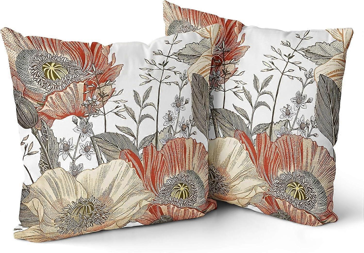 ヴィンテージフラワー枕カバー16x16インチ2オレンジイエロー花の葉の装飾的な正方形の自由奔放に生きるソファの素朴な枕ケースホーム
