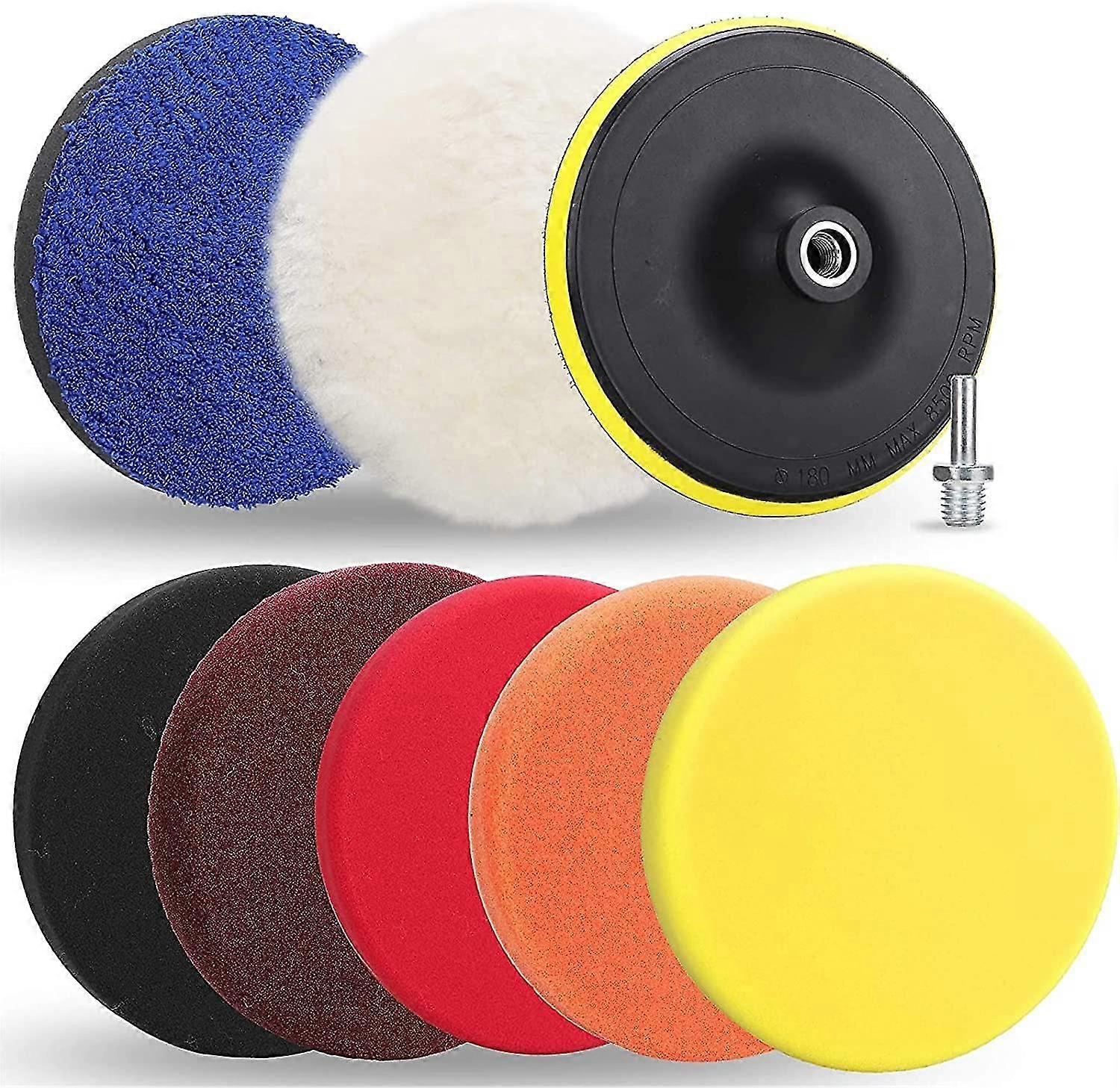 9pcs Polishing Pads Kit, 7 Inches Large Size Buffing Pads, Car Foam Buffing Sponge And Wool Pads Kit With M14 Drill Adapter For Car Polishers And Buff