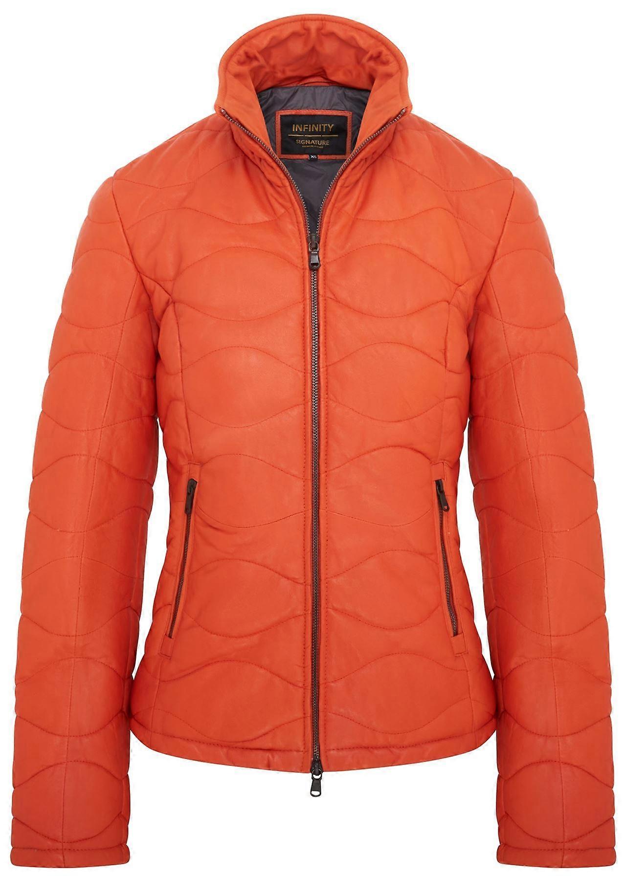 Womens Orange Puffer Warm Quilted Leather Bomber Jacket