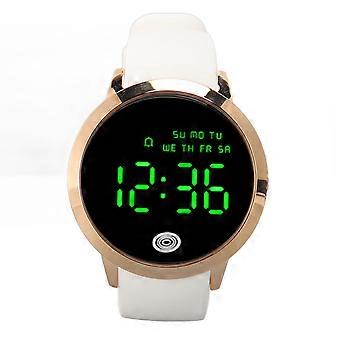 Men Digital Watch Round Color Screen Waterproof Backlit Ultra Thin Stylish Alarm Sports Watch Gold Shell White Belt Big Size
