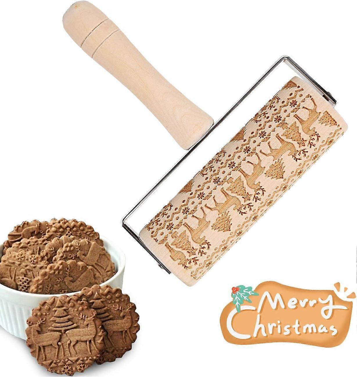 Festive Elk Pattern Rolling Pin, Textured Rolling Pins for Clay, Moisture-proof Hardwood for Safe Non-toxic Baking Adventures, Great for Sharing