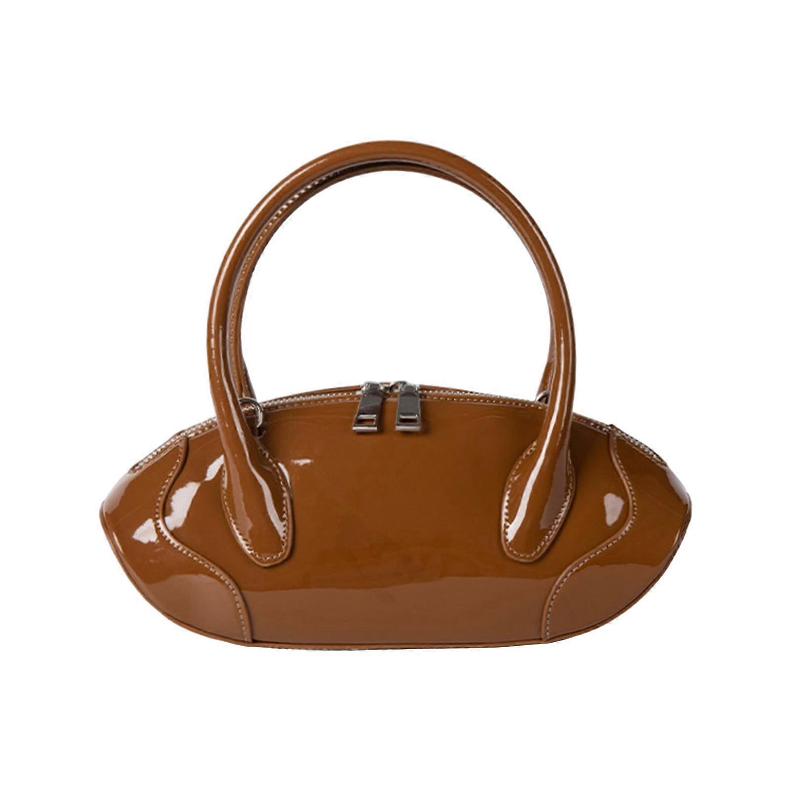 Fasjonabel Kvinners Glanset Veske PU Skinn Skulderveske Med Justerbar Stropp Topp Håndtak Veske For Daglig Bruk Brun