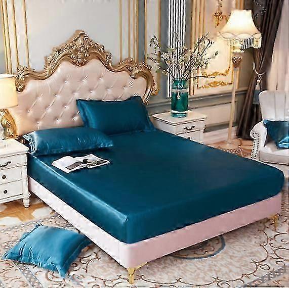 Satin Fitted Sheet Double Teal Silky Deep Pocket Satin Bed Sheets Breathable