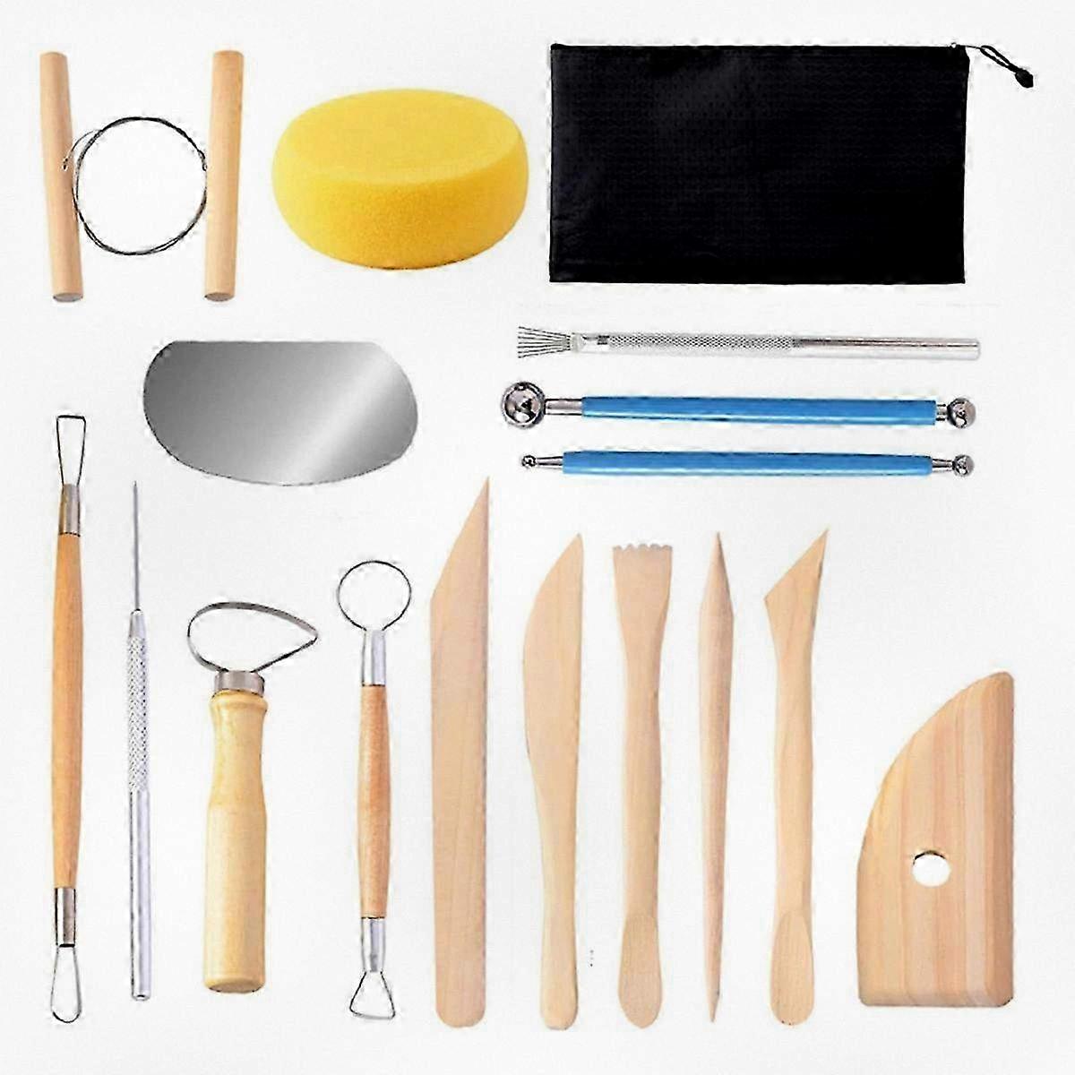 17 Piece Double-Sided Pottery Clay Sculpting Set with Smooth Wooden Handles for Trimming and Embossing
